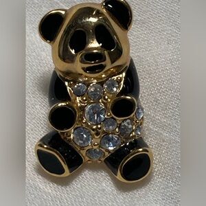 Vintage Krementz Gold Tone With Rhinestone & Black Enamel Teddy Bear Pin Brooch